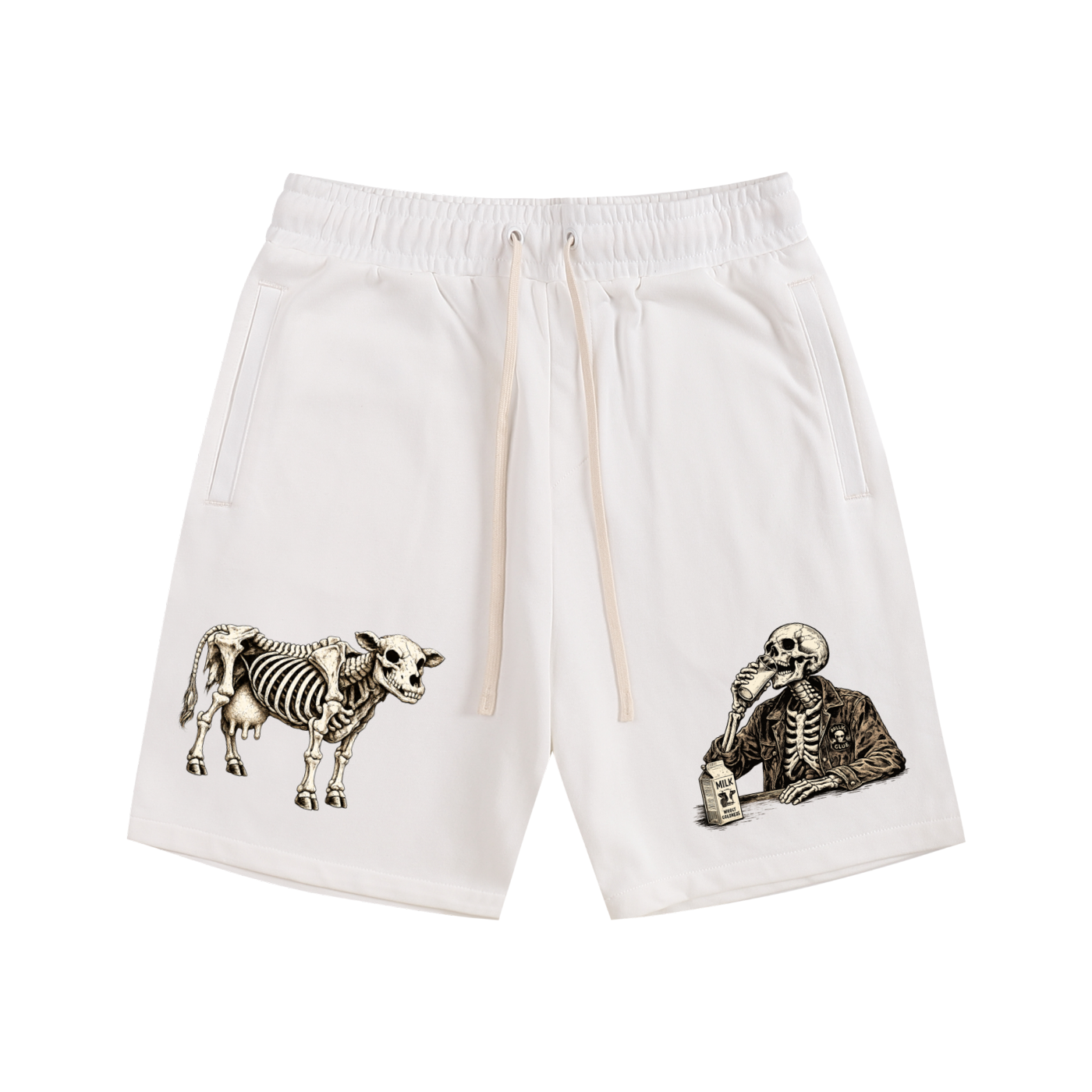 funny,bones,skeleton,cow,milk,bar,cowboy,drinks,drink,drinking,humour,silly,shorts,casual,drawstring,pockets