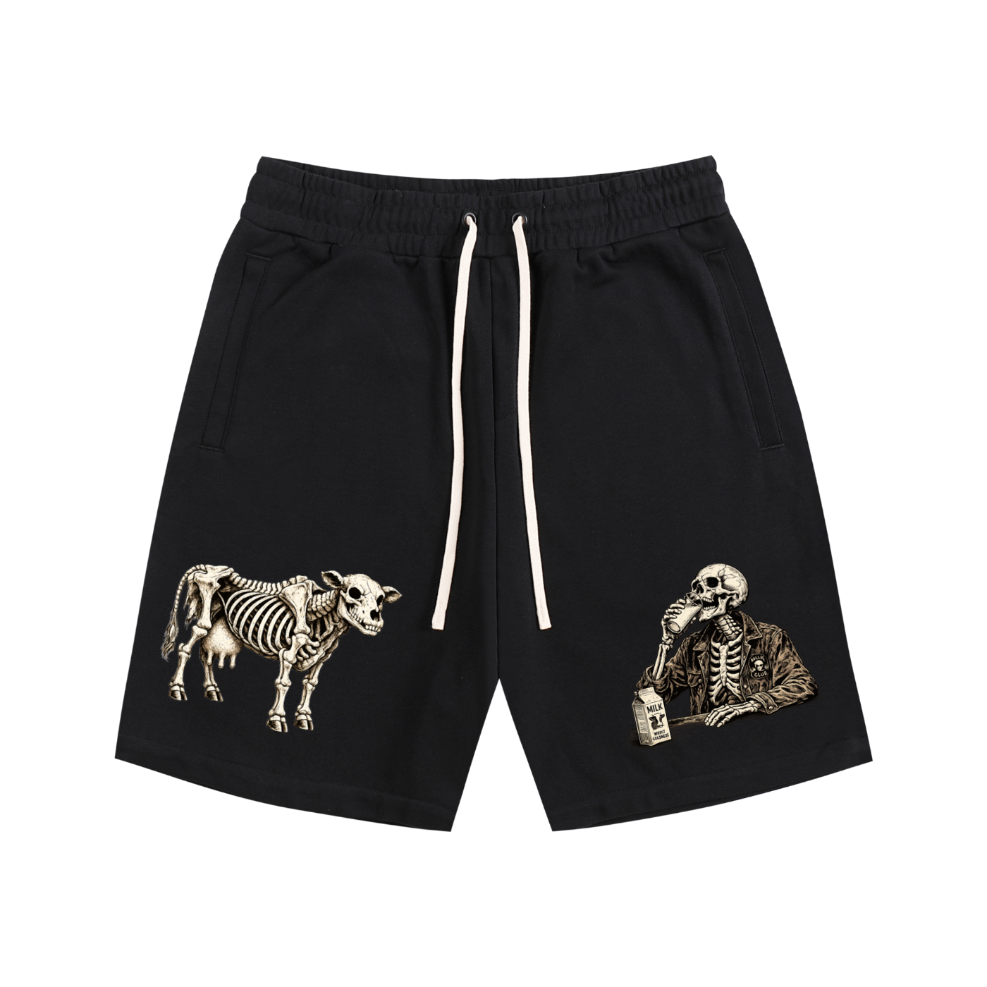 funny,bones,skeleton,cow,milk,bar,cowboy,drinks,drink,drinking,humour,silly,shorts,casual,drawstring,pockets
