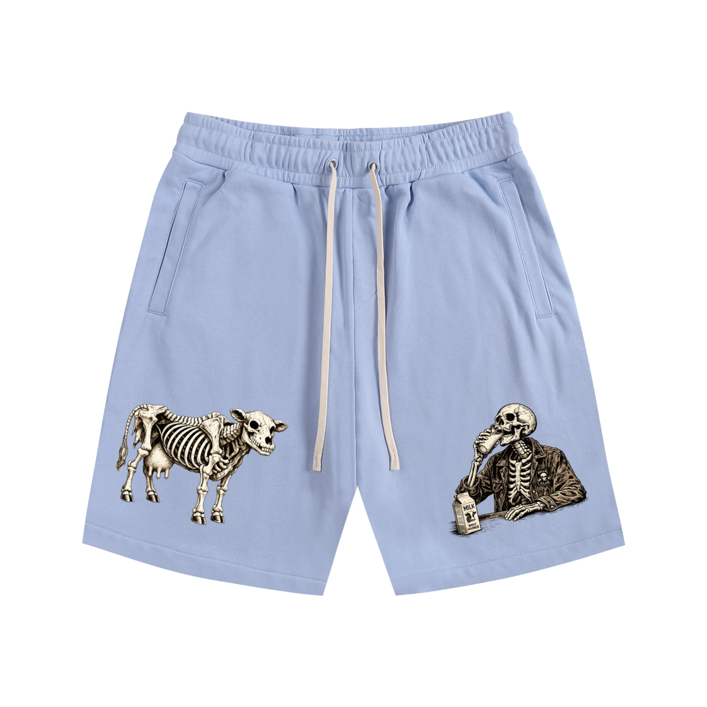funny,bones,skeleton,cow,milk,bar,cowboy,drinks,drink,drinking,humour,silly,shorts,casual,drawstring,pockets