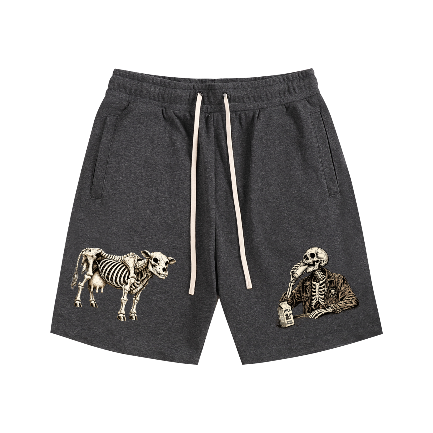funny,bones,skeleton,cow,milk,bar,cowboy,drinks,drink,drinking,humour,silly,shorts,casual,drawstring,pockets